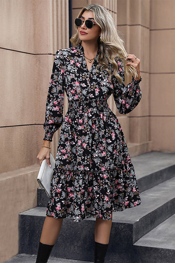 Floral Trykt V-hals lange ermer A Line Casual Dress